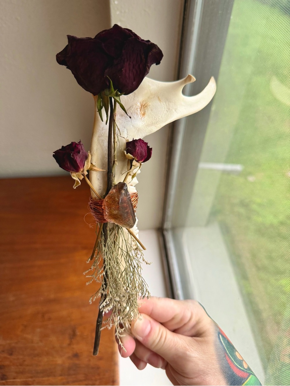Dried Rose & Crystal Bone Art - Deep Burgundy